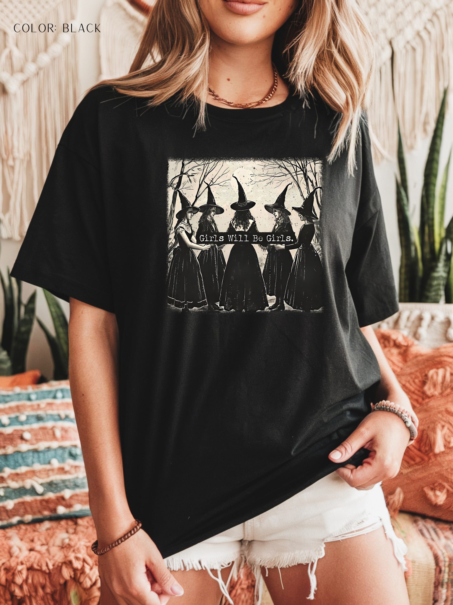 Girls Will Be Girls Witchy Graphic Tee – Vintage Halloween Aesthetic T-Shirt