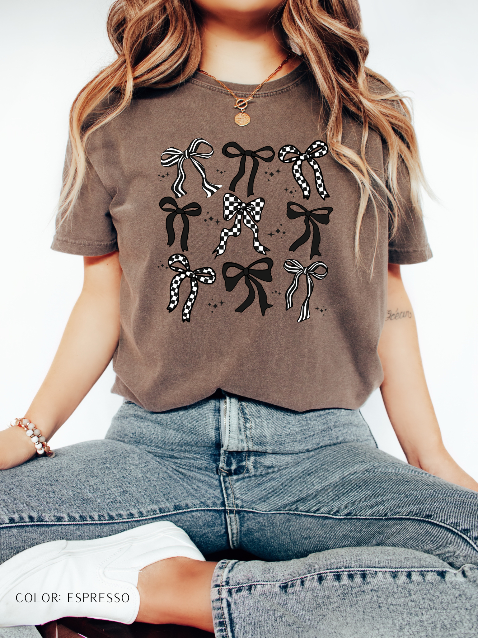 Black and Checkered Bow Coquette Design T-Shirt