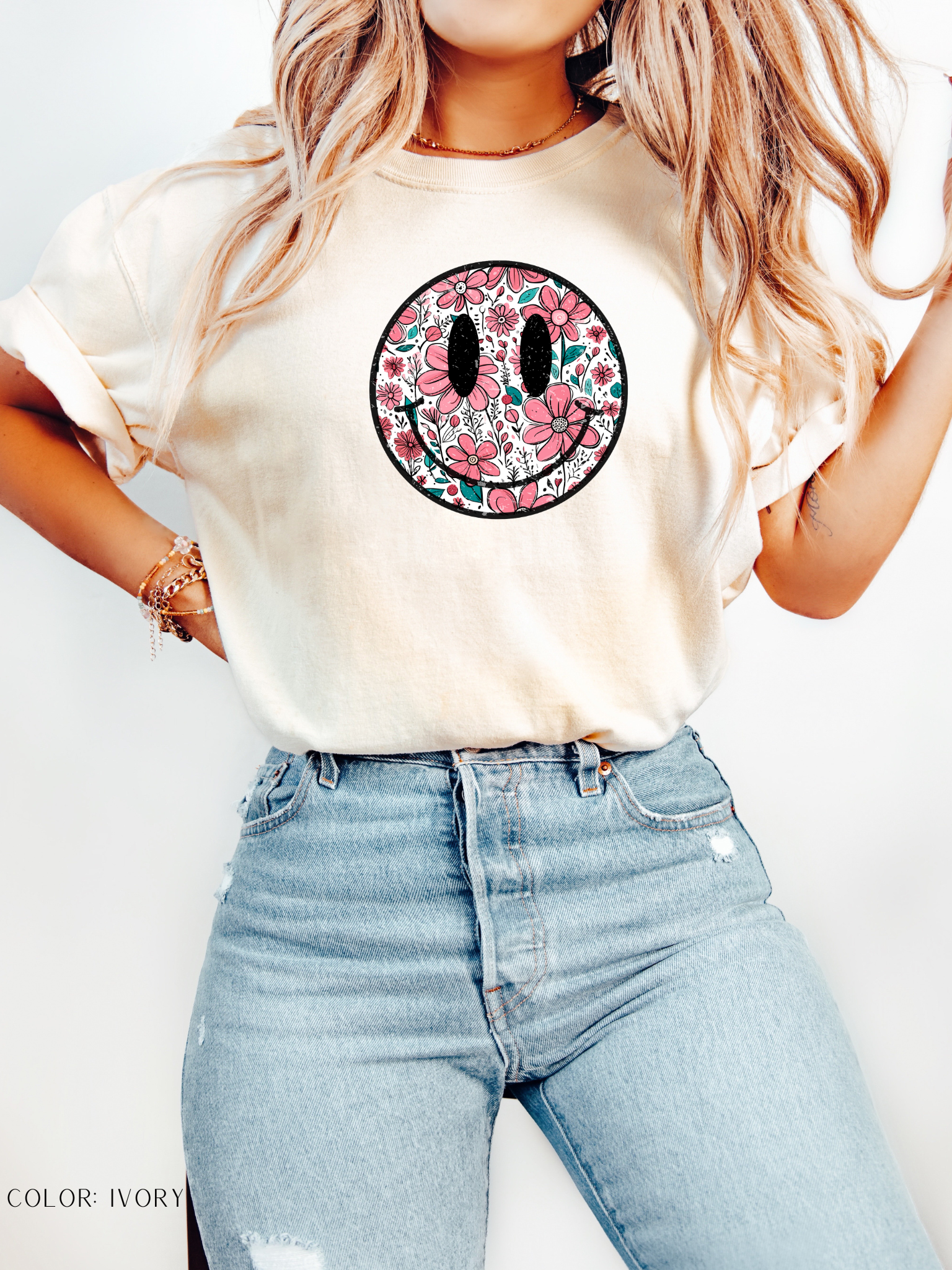 Trendy Smiley Face Floral T-Shirt