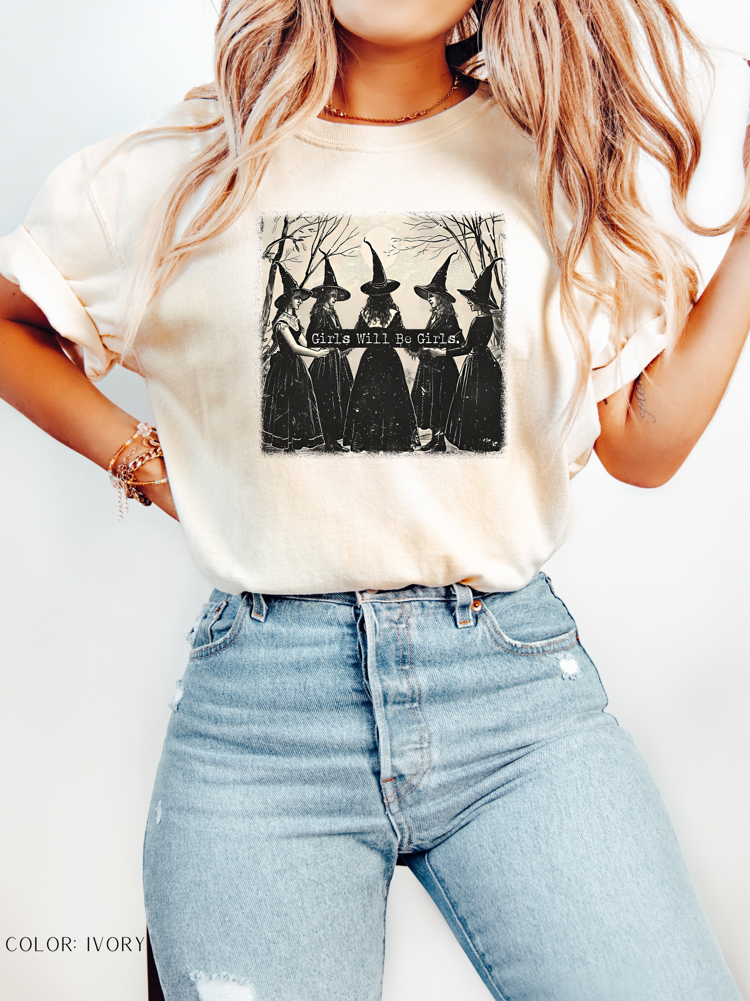 Girls Will Be Girls Witchy Graphic Tee – Vintage Halloween Aesthetic T-Shirt