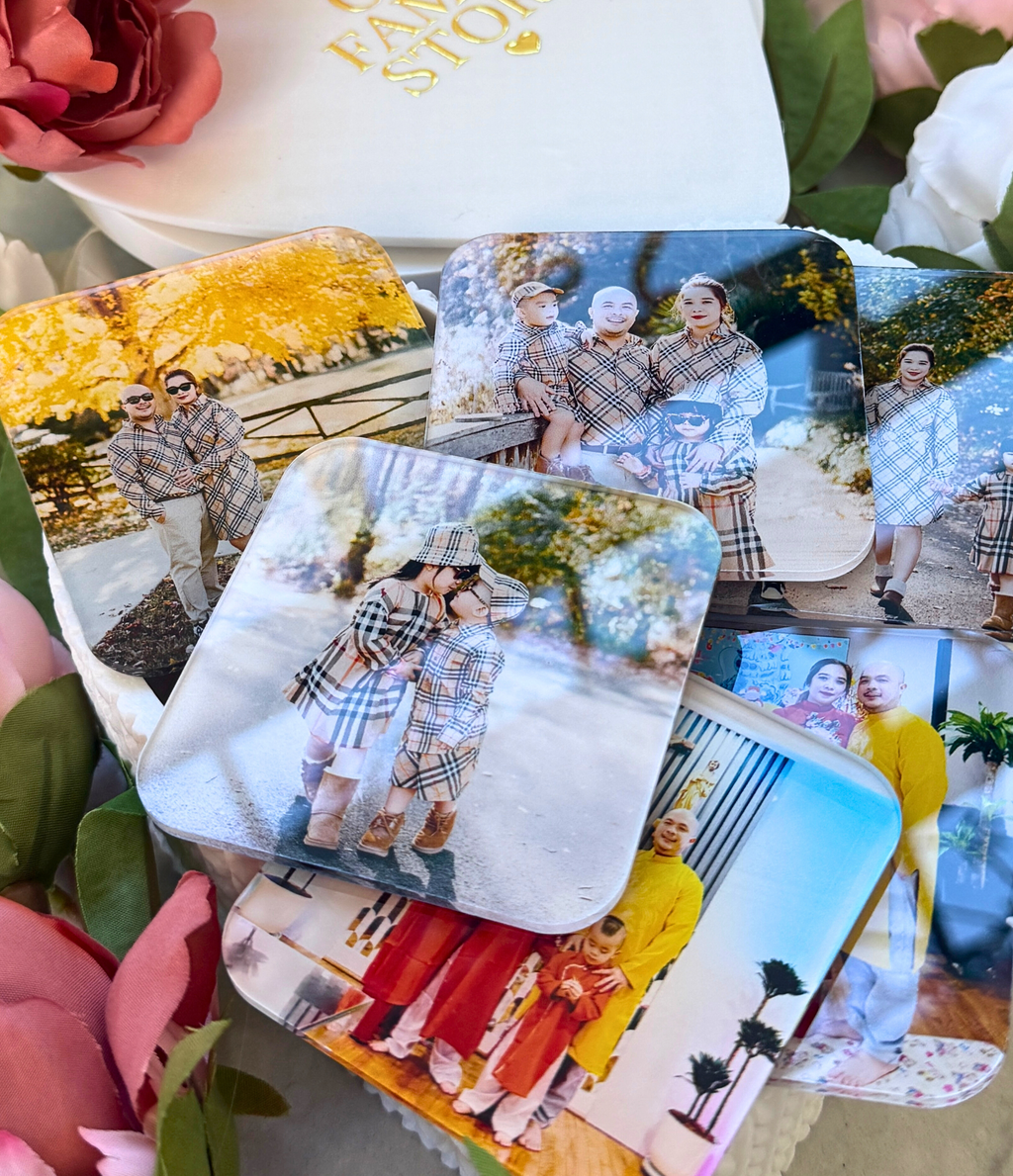 Custom Acrylic Photo Fridge Magnets (12-Pack) | 3×3 Square Magnets in Heart Memory Box Gift Set