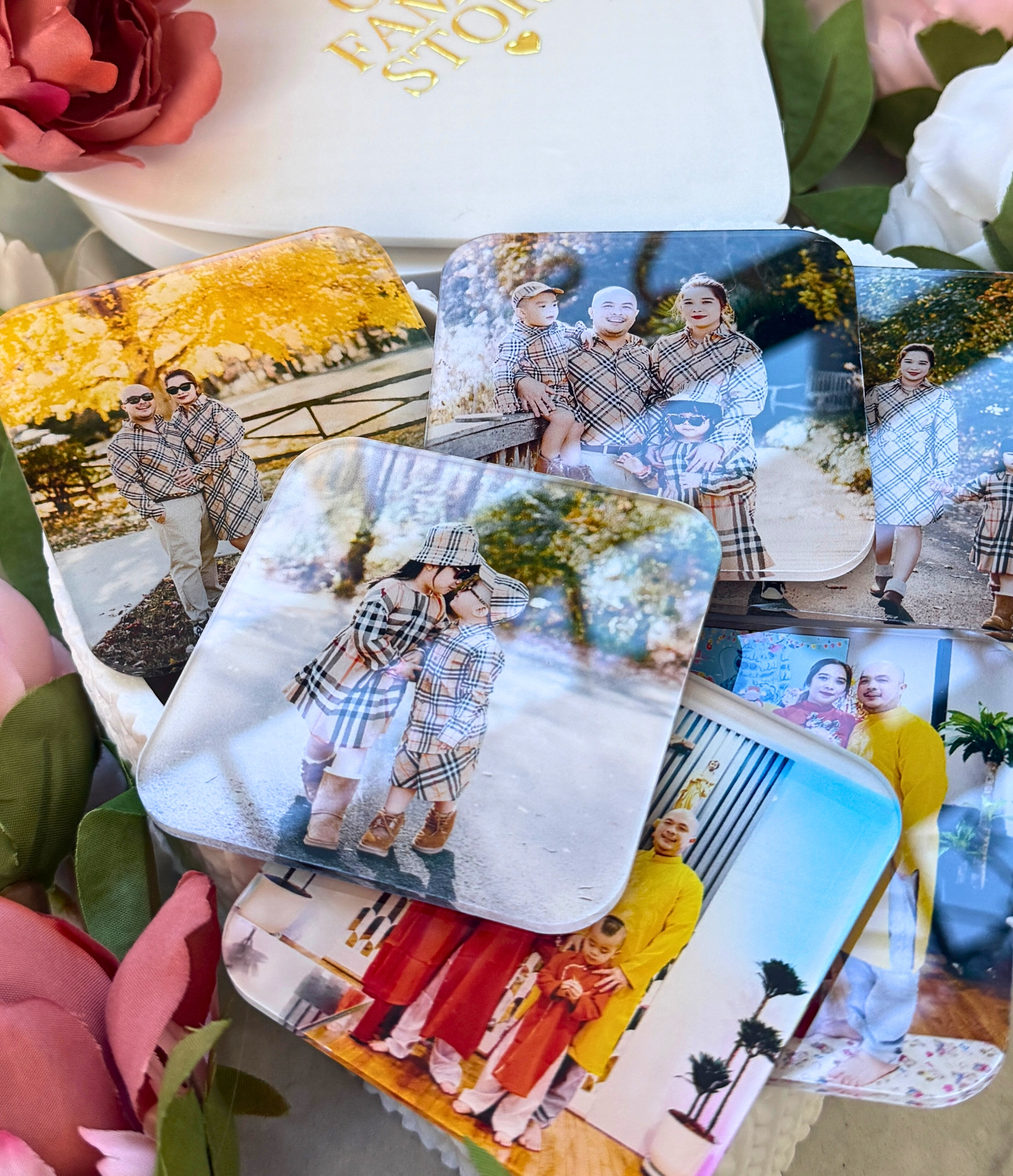 Custom Acrylic Photo Fridge Magnets (12-Pack) | 3×3 Square Magnets in Heart Memory Box Gift Set