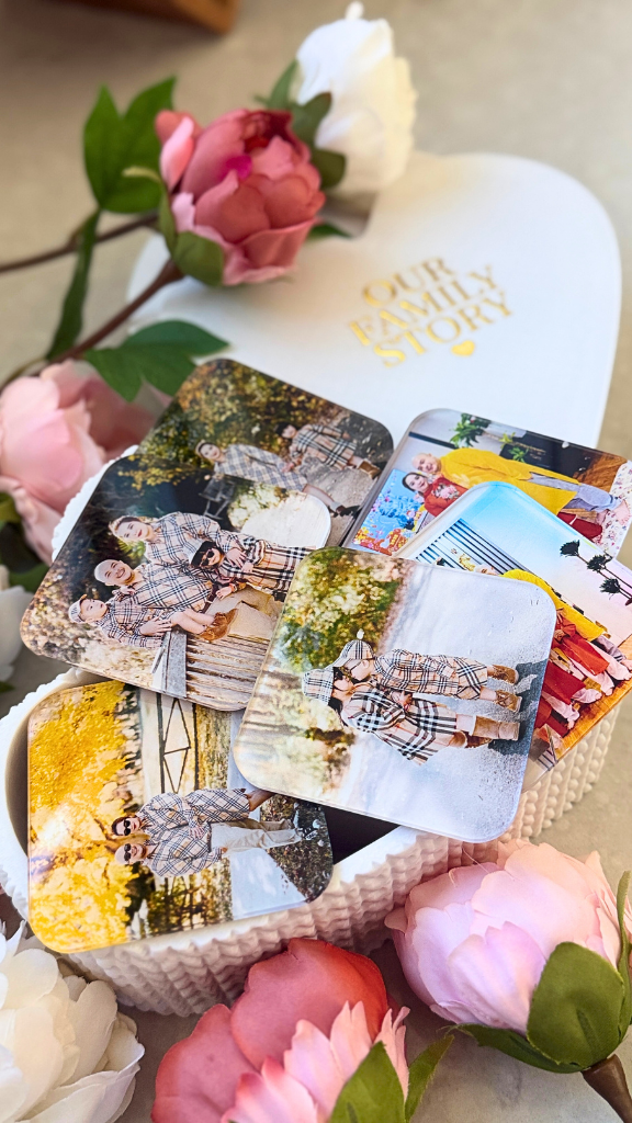 Custom Acrylic Photo Fridge Magnets (12-Pack) | 3×3 Square Magnets in Heart Memory Box Gift Set