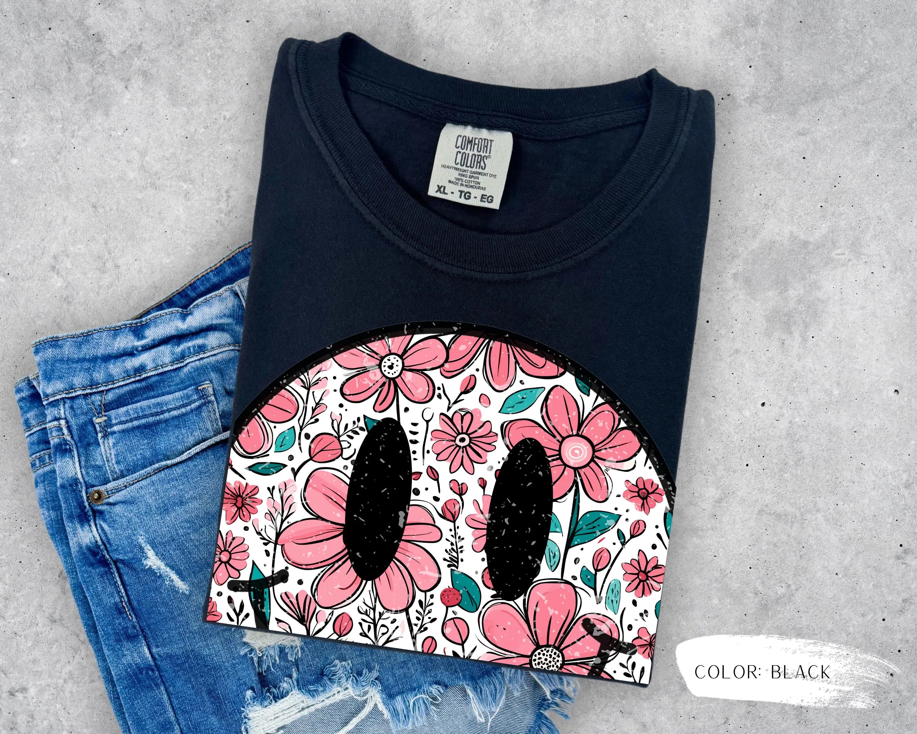 Trendy Smiley Face Floral T-Shirt