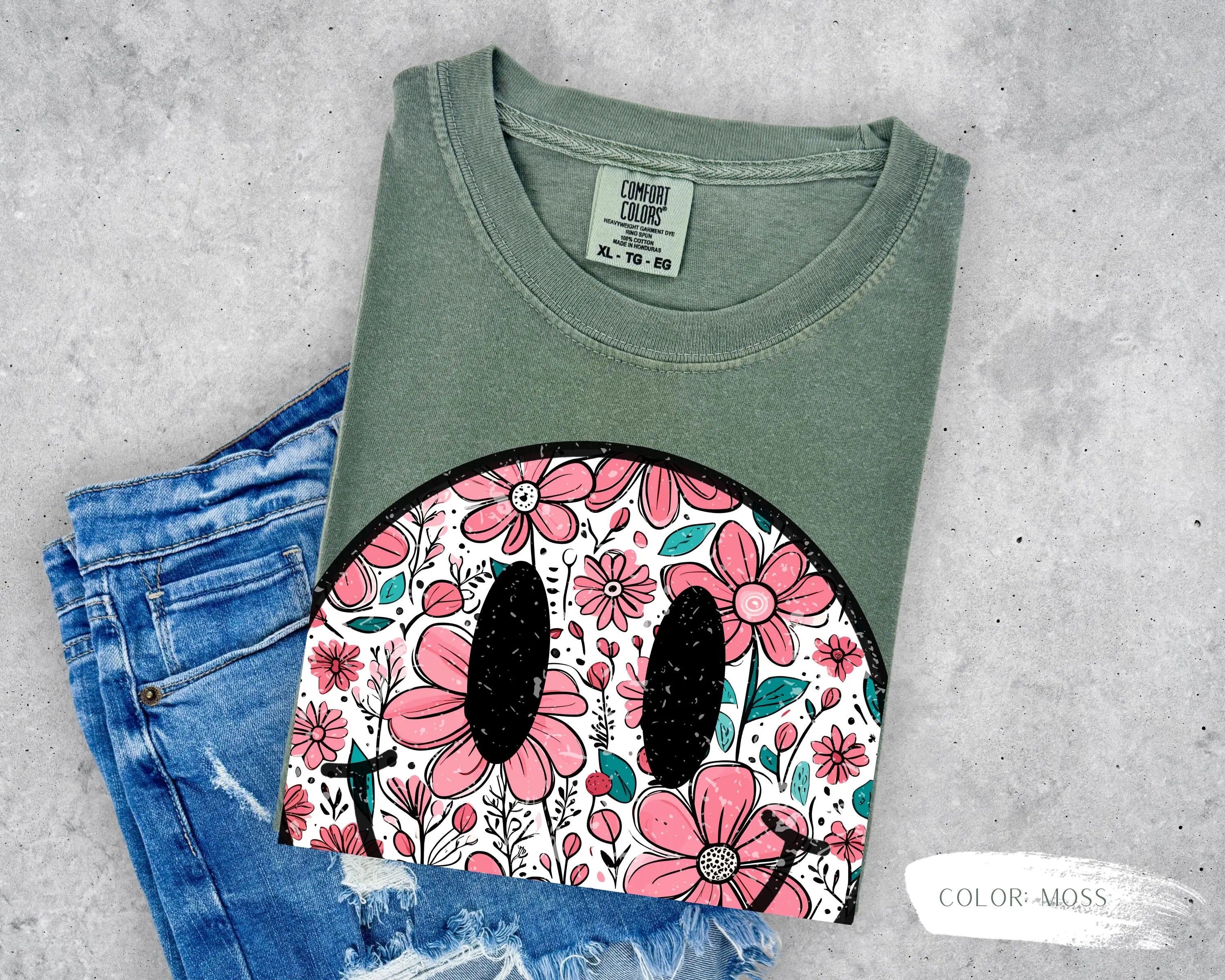 Trendy Smiley Face Floral T-Shirt