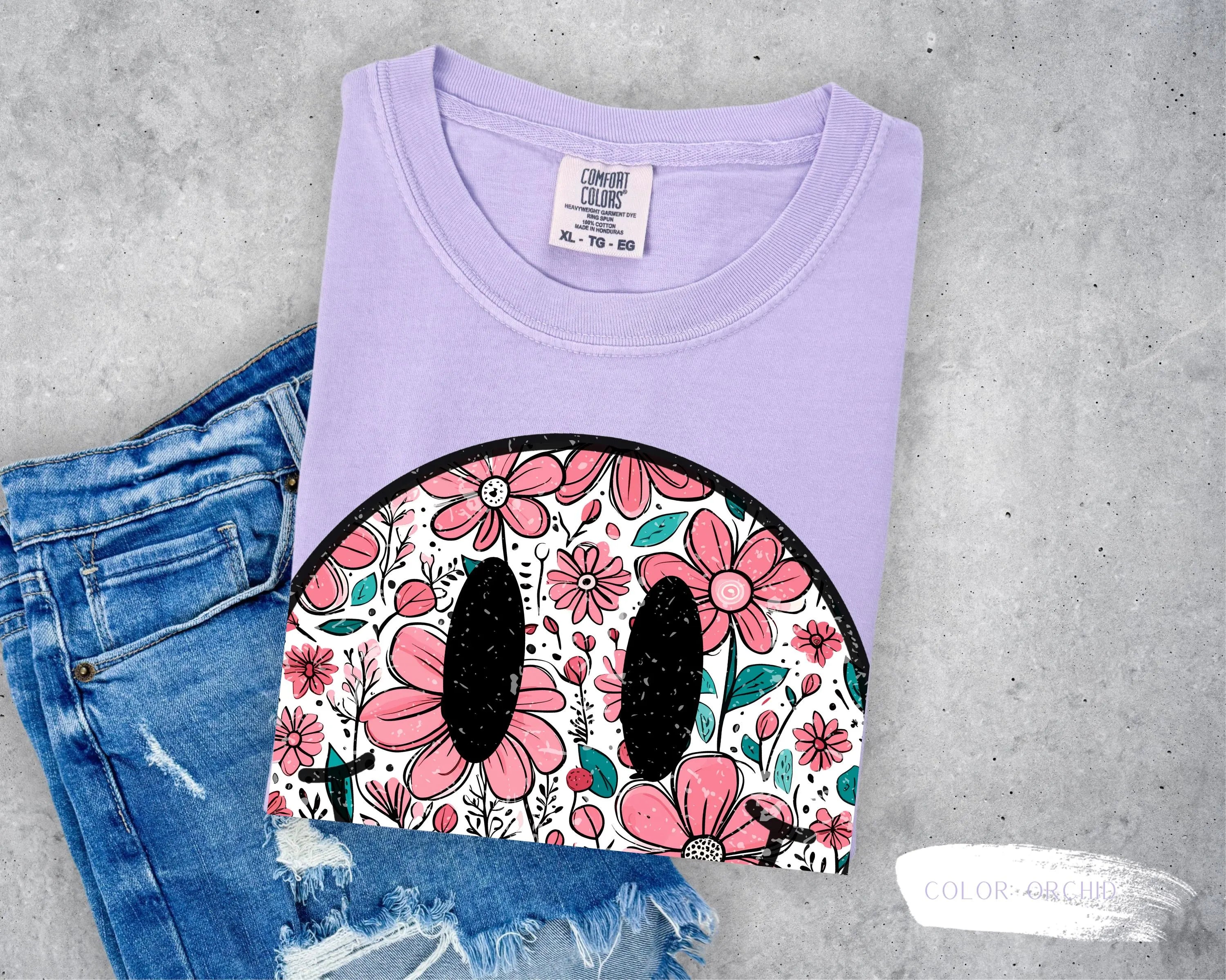 Trendy Smiley Face Floral T-Shirt