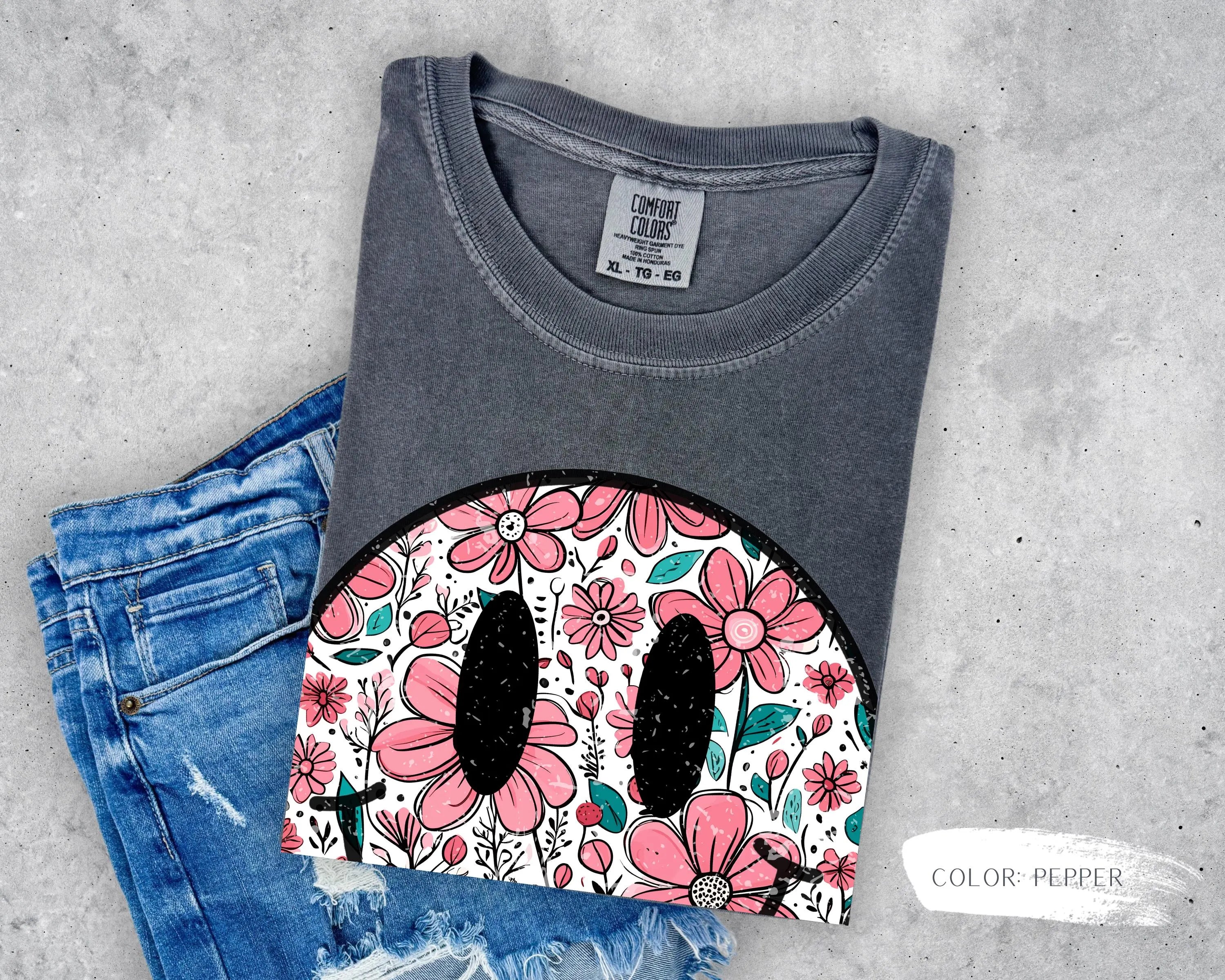 Trendy Smiley Face Floral T-Shirt